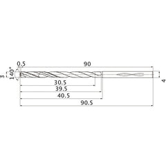 MHS0300L040B VP15TF 3 mm Dia. × 4 mm Shank × 39.5 mm Flute Length × 90.5 mm OAL, 140°, 2 Flute, Coolant Thru, Solid Carbide Drill