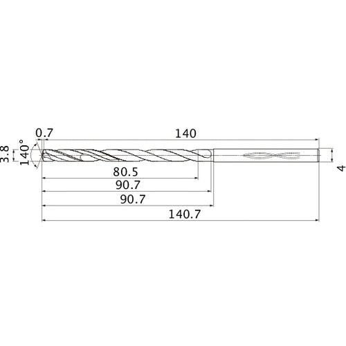 MHS0380L090B VP15TF 3.8 mm Dia. × 4 mm Shank × 90.7 mm Flute Length × 140.7 mm OAL, 140°, 2 Flute, Coolant Thru, Solid Carbide Drill