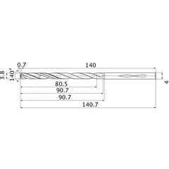 MHS0380L090B VP15TF 3.8 mm Dia. × 4 mm Shank × 90.7 mm Flute Length × 140.7 mm OAL, 140°, 2 Flute, Coolant Thru, Solid Carbide Drill