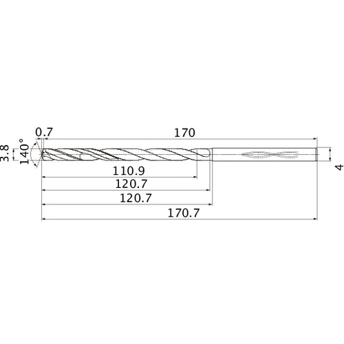 MHS0380L120B VP15TF 3.8 mm Dia. × 4 mm Shank × 120.7 mm Flute Length × 170.7 mm OAL, 140°, 2 Flute, Coolant Thru, Solid Carbide Drill