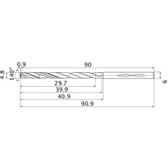 MHS0480L040B VP15TF 4.8 mm Dia. × 6 mm Shank × 39.9 mm Flute Length × 90.9 mm OAL, 140°, 2 Flute, Coolant Thru, Solid Carbide Drill