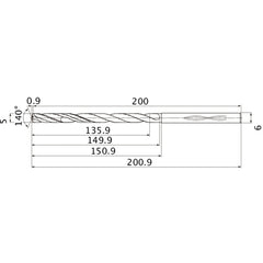 MHS0500L150B VP15TF 5 mm Dia. × 6 mm Shank × 149.9 mm Flute Length × 200.9 mm OAL, 140°, 2 Flute, Coolant Thru, Solid Carbide Drill