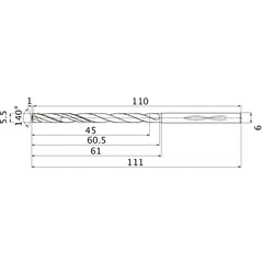 MHS0550L060B VP15TF 5.5 mm Dia. × 6 mm Shank × 60.5 mm Flute Length × 111 mm OAL, 140°, 2 Flute, Coolant Thru, Solid Carbide Drill