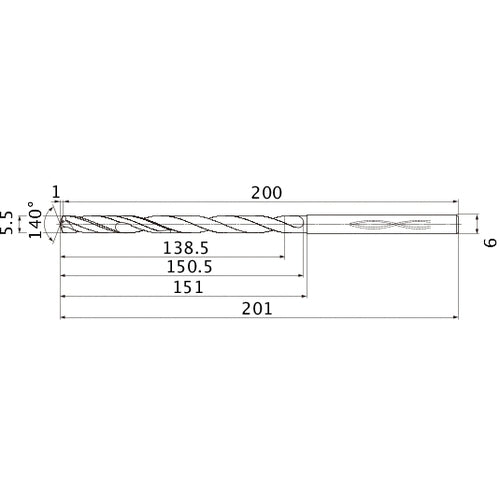 MHS0550L150B VP15TF 5.5 mm Dia. × 6 mm Shank × 150.5 mm Flute Length × 201 mm OAL, 140°, 2 Flute, Coolant Thru, Solid Carbide Drill