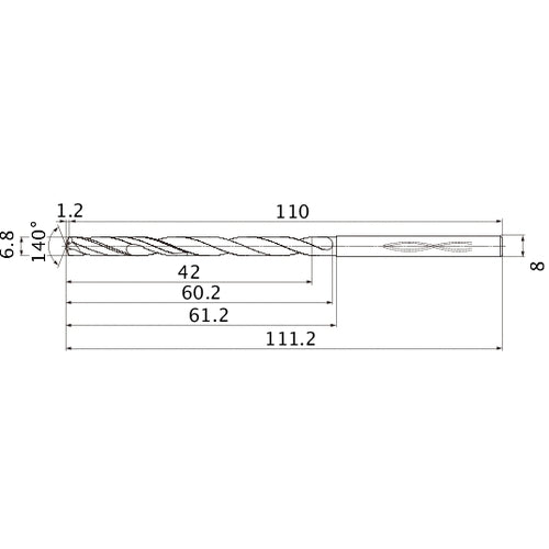 MHS0680L060B VP15TF 6.8 mm Dia. × 8 mm Shank × 60.2 mm Flute Length × 111.2 mm OAL, 140°, 2 Flute, Coolant Thru, Solid Carbide Drill