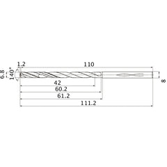 MHS0680L060B VP15TF 6.8 mm Dia. × 8 mm Shank × 60.2 mm Flute Length × 111.2 mm OAL, 140°, 2 Flute, Coolant Thru, Solid Carbide Drill