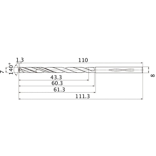 MHS0700L060B VP15TF 7 mm Dia. × 8 mm Shank × 60.3 mm Flute Length × 111.3 mm OAL, 140°, 2 Flute, Coolant Thru, Solid Carbide Drill
