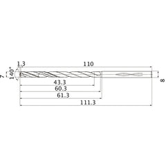MHS0700L060B VP15TF 7 mm Dia. × 8 mm Shank × 60.3 mm Flute Length × 111.3 mm OAL, 140°, 2 Flute, Coolant Thru, Solid Carbide Drill