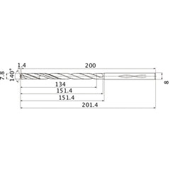 MHS0780L150B VP15TF 7.8 mm Dia. × 8 mm Shank × 151.4 mm Flute Length × 201.4 mm OAL, 140°, 2 Flute, Coolant Thru, Solid Carbide Drill