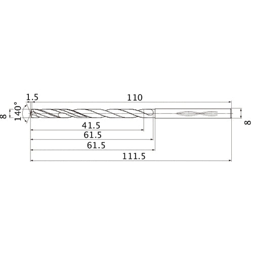MHS0800L060B VP15TF 8 mm Dia. × 8 mm Shank × 61.5 mm Flute Length × 111.5 mm OAL, 140°, 2 Flute, Coolant Thru, Solid Carbide Drill