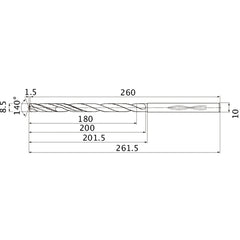 MHS0850L200B VP15TF 8.5 mm Dia. × 10 mm Shank × 200 mm Flute Length × 261.5 mm OAL, 140°, 2 Flute, Coolant Thru, Solid Carbide Drill
