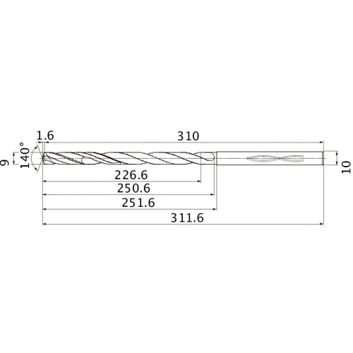 MHS0900L250B VP15TF 9 mm Dia. × 10 mm Shank × 250.6 mm Flute Length × 311.6 mm OAL, 140°, 2 Flute, Coolant Thru, Solid Carbide Drill