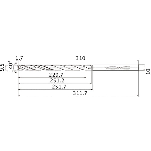 MHS0950L250B VP15TF 9.5 mm Dia. × 10 mm Shank × 251.2 mm Flute Length × 311.7 mm OAL, 140°, 2 Flute, Coolant Thru, Solid Carbide Drill