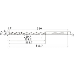 MHS0950L250B VP15TF 9.5 mm Dia. × 10 mm Shank × 251.2 mm Flute Length × 311.7 mm OAL, 140°, 2 Flute, Coolant Thru, Solid Carbide Drill