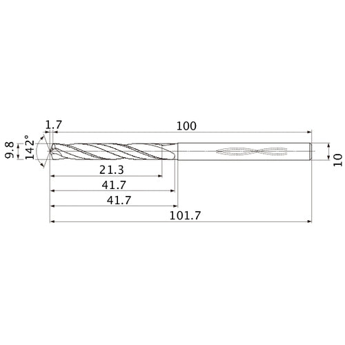 MHS0980L040B VP15TF 9.8 mm Dia. × 10 mm Shank × 41.7 mm Flute Length × 101.7 mm OAL, 142°, 2 Flute, Coolant Thru, Solid Carbide Drill