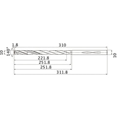 MHS1000L250B VP15TF 10 mm Dia. × 10 mm Shank × 251.8 mm Flute Length × 311.8 mm OAL, 140°, 2 Flute, Coolant Thru, Solid Carbide Drill