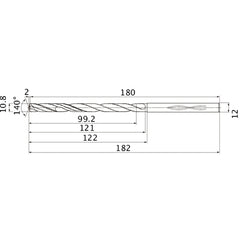 MHS1080L120B VP15TF 10.8 mm Dia. × 12 mm Shank × 121 mm Flute Length × 182 mm OAL, 140°, 2 Flute, Coolant Thru, Solid Carbide Drill