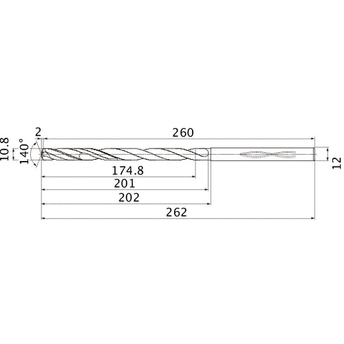 MHS1080L200B VP15TF 10.8 mm Dia. × 12 mm Shank × 201 mm Flute Length × 262 mm OAL, 140°, 2 Flute, Coolant Thru, Solid Carbide Drill