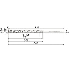 MHS1080L200B VP15TF 10.8 mm Dia. × 12 mm Shank × 201 mm Flute Length × 262 mm OAL, 140°, 2 Flute, Coolant Thru, Solid Carbide Drill