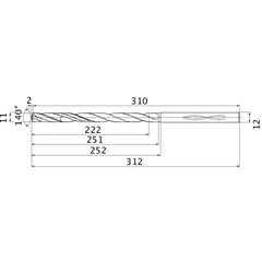 MHS1100L250B VP15TF 11 mm Dia. × 12 mm Shank × 251 mm Flute Length × 312 mm OAL, 140°, 2 Flute, Coolant Thru, Solid Carbide Drill