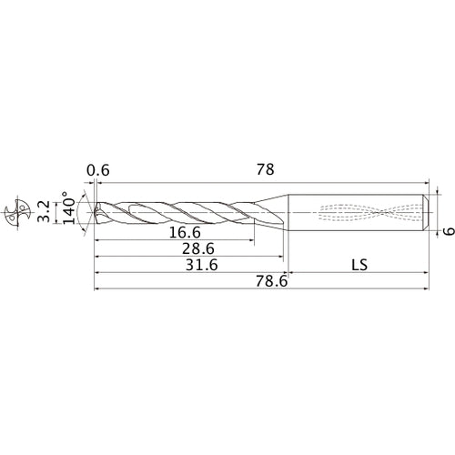 MMS0320X5DB DP7020 3.2 mm Dia. × 6 mm Shank × 28.6 mm Flute Length × 78.6 mm OAL, 140°, 2 Flute, Coolant Thru, Solid Carbide Drill