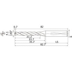 MMS0410X5DB DP7020 4.1 mm Dia. × 6 mm Shank × 33.7 mm Flute Length × 82.7 mm OAL, 140°, 2 Flute, Coolant Thru, Solid Carbide Drill