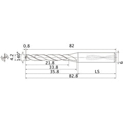 MMS0420X5DB DP7020 4.2 mm Dia. × 6 mm Shank × 33.8 mm Flute Length × 82.8 mm OAL, 140°, 2 Flute, Coolant Thru, Solid Carbide Drill