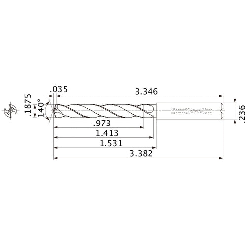 MMS0476X5D060 DP7020 3/16″ Dia. × 0.236″ Shank × 1.413″ Flute Length × 3.382″ OAL, 140°, 2 Flute, Coolant Thru, Solid Carbide Drill