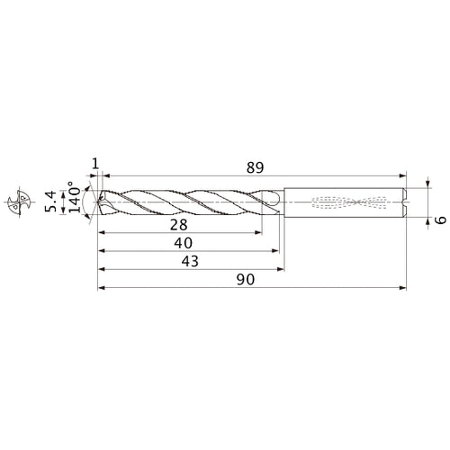 MMS0540X5DB DP7020 5.4 mm Dia. × 6 mm Shank × 40 mm Flute Length × 90 mm OAL, 140°, 2 Flute, Coolant Thru, Solid Carbide Drill