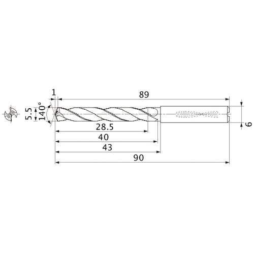 MMS0550X5DB DP7020 5.5 mm Dia. × 6 mm Shank × 40 mm Flute Length × 90 mm OAL, 140°, 2 Flute, Coolant Thru, Solid Carbide Drill