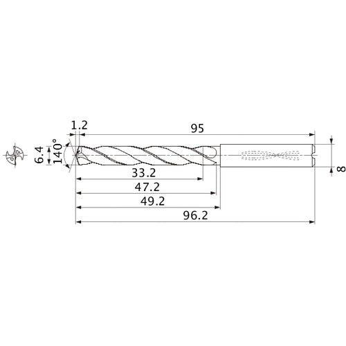 MMS0640X5DB DP7020 6.4 mm Dia. × 8 mm Shank × 47.2 mm Flute Length × 96.2 mm OAL, 140°, 2 Flute, Coolant Thru, Solid Carbide Drill