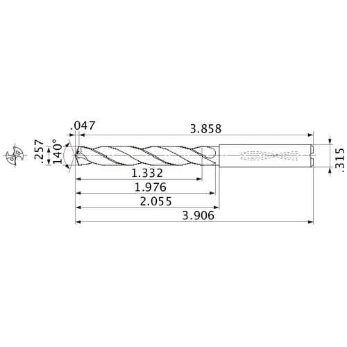 MMS0653X5D080 DP7020 0.257″ Dia. × 0.315″ Shank × 1.976″ Flute Length × 3.906″ OAL, 140°, 2 Flute, Coolant Thru, Solid Carbide Drill