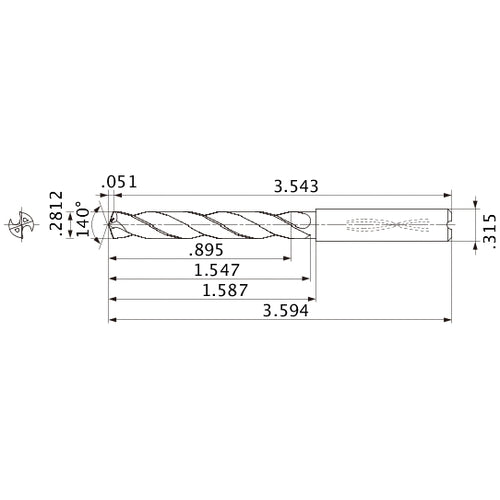 MMS0714X3D080 DP7020 0.2812″ Dia. × 0.315″ Shank × 1.547″ Flute Length × 3.594″ OAL, 140°, 2 Flute, Coolant Thru, Solid Carbide Drill
