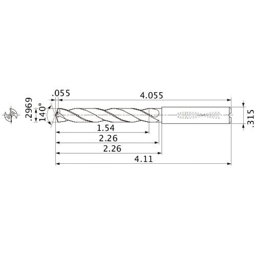 MMS0754X5D080 DP7020 0.2969″ Dia. × 0.315″ Shank × 2.26″ Flute Length × 4.11″ OAL, 140°, 2 Flute, Coolant Thru, Solid Carbide Drill