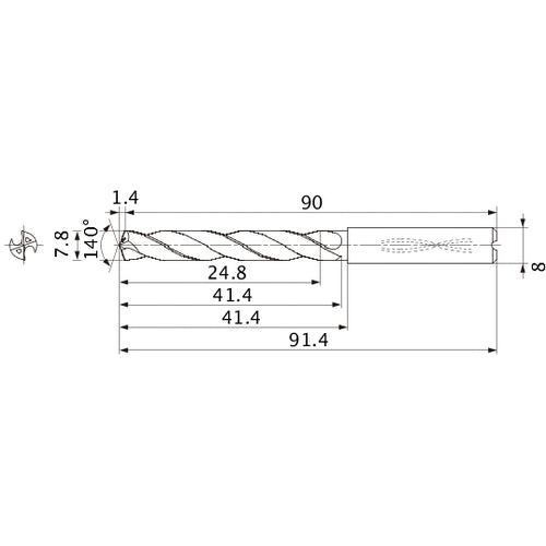 MMS0780X3DB DP7020 7.8 mm Dia. × 8 mm Shank × 41.4 mm Flute Length × 91.4 mm OAL, 140°, 2 Flute, Coolant Thru, Solid Carbide Drill