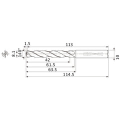 MMS0810X5DB DP7020 8.1 mm Dia. × 10 mm Shank × 61.5 mm Flute Length × 114.5 mm OAL, 140°, 2 Flute, Coolant Thru, Solid Carbide Drill