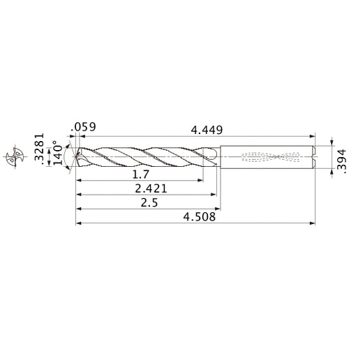 MMS0833X5D100 DP7020 0.3281″ Dia. × 0.394″ Shank × 2.421″ Flute Length × 4.508″ OAL, 140°, 2 Flute, Coolant Thru, Solid Carbide Drill