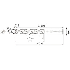 MMS0833X5D100 DP7020 0.3281″ Dia. × 0.394″ Shank × 2.421″ Flute Length × 4.508″ OAL, 140°, 2 Flute, Coolant Thru, Solid Carbide Drill