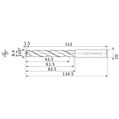 MMS0840X5DB DP7020 8.4 mm Dia. × 10 mm Shank × 61.5 mm Flute Length × 114.5 mm OAL, 140°, 2 Flute, Coolant Thru, Solid Carbide Drill