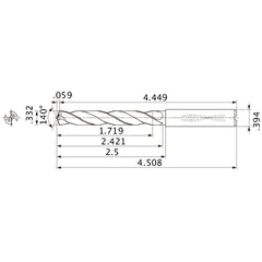 MMS0843X5D100 DP7020 0.332″ Dia. × 0.394″ Shank × 2.421″ Flute Length × 4.508″ OAL, 140°, 2 Flute, Coolant Thru, Solid Carbide Drill
