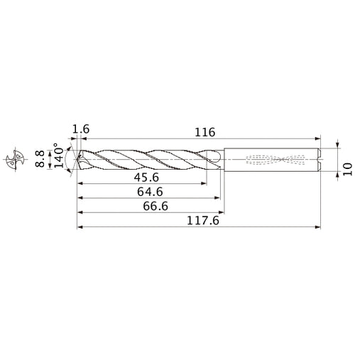MMS0880X5DB DP7020 8.8 mm Dia. × 10 mm Shank × 64.6 mm Flute Length × 117.6 mm OAL, 140°, 2 Flute, Coolant Thru, Solid Carbide Drill