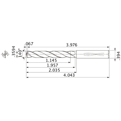 MMS0913X3D100 DP7020 0.3594″ Dia. × 0.394″ Shank × 1.957″ Flute Length × 4.043″ OAL, 140°, 2 Flute, Coolant Thru, Solid Carbide Drill