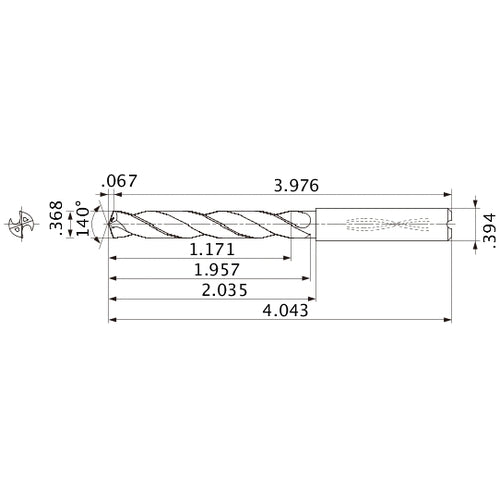 MMS0935X3D100 DP7020 0.368″ Dia. × 0.394″ Shank × 1.957″ Flute Length × 4.043″ OAL, 140°, 2 Flute, Coolant Thru, Solid Carbide Drill