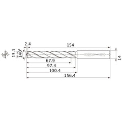 MMS1310X5DB DP7020 13.1 mm Dia. × 14 mm Shank × 97.4 mm Flute Length × 156.4 mm OAL, 140°, 2 Flute, Coolant Thru, Solid Carbide Drill