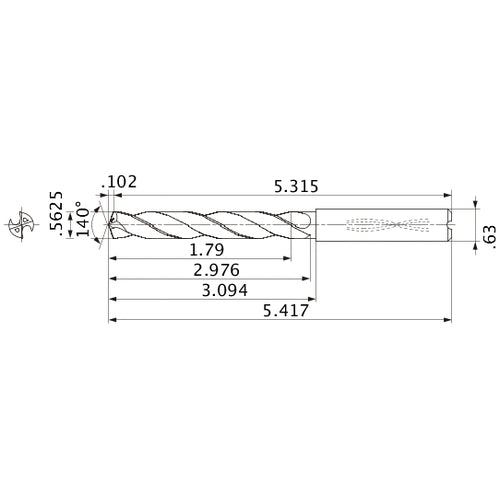 MMS1429X3D160 DP7020 9/16″ Dia. × 0.63″ Shank × 2.976″ Flute Length × 5.417″ OAL, 140°, 2 Flute, Coolant Thru, Solid Carbide Drill