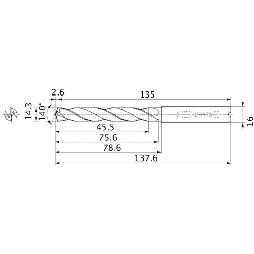 MMS1430X3DB DP7020 14.3 mm Dia. × 16 mm Shank × 75.6 mm Flute Length × 137.6 mm OAL, 140°, 2 Flute, Coolant Thru, Solid Carbide Drill