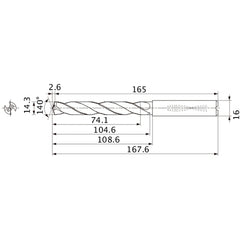 MMS1430X5DB DP7020 14.3 mm Dia. × 16 mm Shank × 104.6 mm Flute Length × 167.6 mm OAL, 140°, 2 Flute, Coolant Thru, Solid Carbide Drill