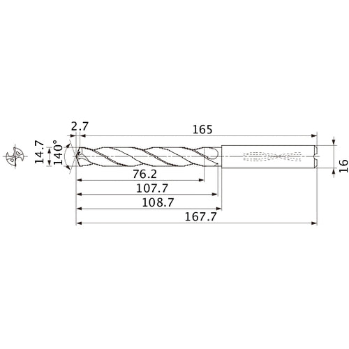 MMS1470X5DB DP7020 14.7 mm Dia. × 16 mm Shank × 107.7 mm Flute Length × 167.7 mm OAL, 140°, 2 Flute, Coolant Thru, Solid Carbide Drill