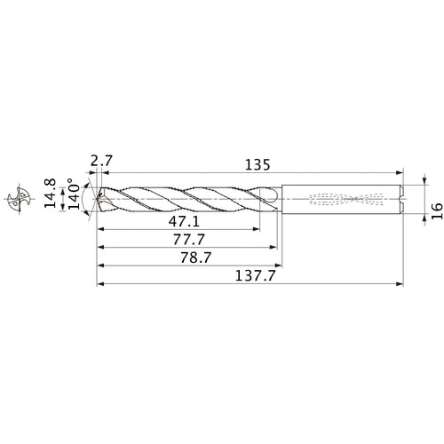 MMS1480X3DB DP7020 14.8 mm Dia. × 16 mm Shank × 77.7 mm Flute Length × 137.7 mm OAL, 140°, 2 Flute, Coolant Thru, Solid Carbide Drill
