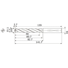 MMS1510X3DB DP7020 15.1 mm Dia. × 16 mm Shank × 80.7 mm Flute Length × 141.7 mm OAL, 140°, 2 Flute, Coolant Thru, Solid Carbide Drill